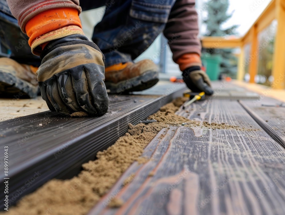 Close-up of a construction worker installing wooden planks on a deck, showcasing detailed craftsmanship and outdoor home improvement. Close-up of a construction worker installing wooden planks on a deck, showcasing detailed craftsmanship and outdoor home improvement.