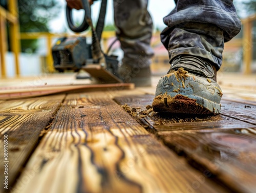 Close-up of a construction worker wearing muddy boots, working on a wooden deck with a power tool, in a detailed outdoor setting. photo