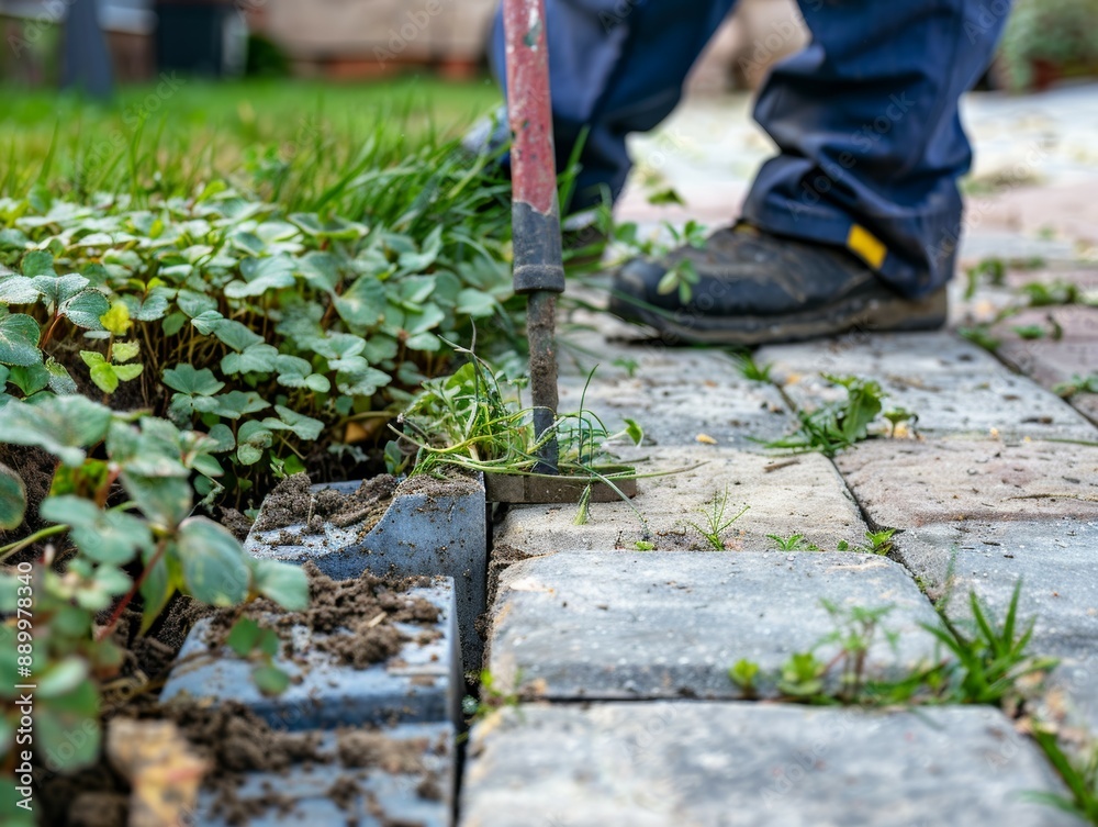 A worker using a specialized tool to remove weeds and grass growing between pavers in a patio preventing further damage to the surface A worker using a specialized tool to remove weeds and grass growing between pavers in a patio preventing further damage to the surface