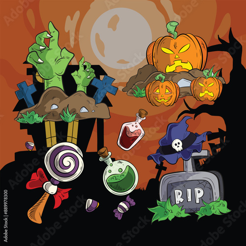 halloween assets bundle with halloween black silhouette background in cartoon illustration vector style