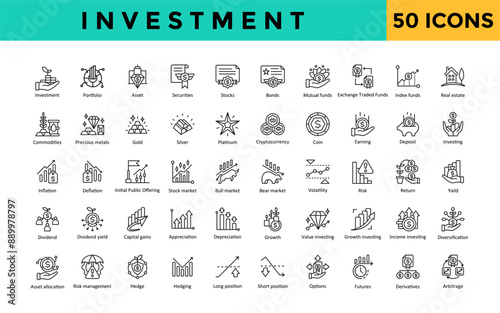 Investment icon set with portfolio, asset, securities, stocks, bonds, mutual funds, exchange traded funds, index funds, real estate, commodities icon. Simple line vector 
