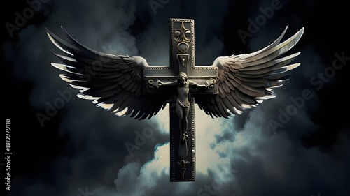 divine christian symbols majestic crown holy cross and peaceful dove dramatic smoke background digital