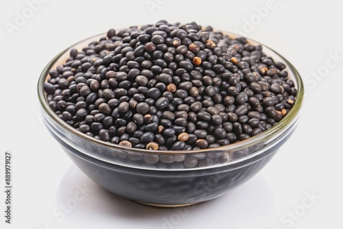 Close-up of urad dal beans, also known as split black gram, isolated on white background, ingredient, pulses, nutrition, cooking, split black gram