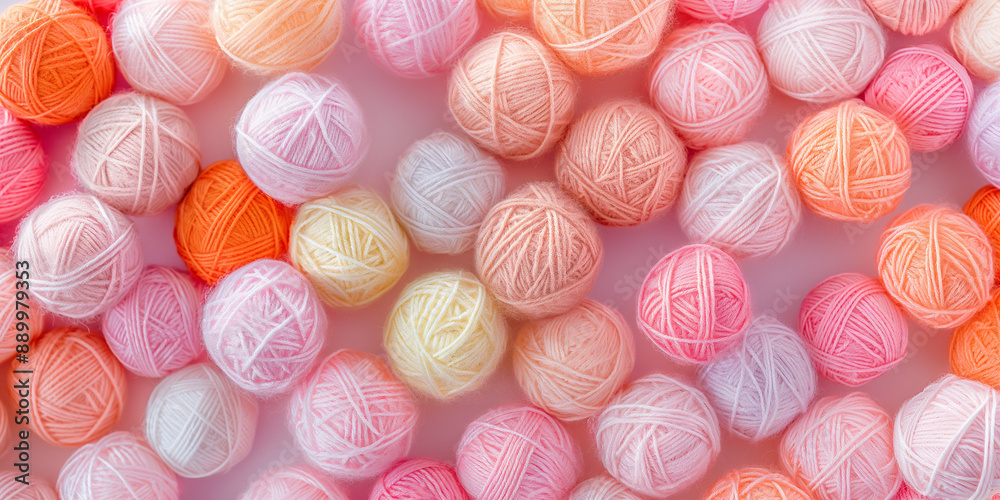 Obraz premium A close-up, seamless photographic pattern of pastel-colored acrylic yarn balls densely packed to fill the entire canvas, with their vibrant textures and hues clearly visible