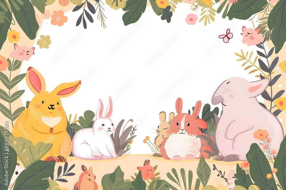 Naklejka premium A group of rabbits are sitting in a forest with leaves and plants