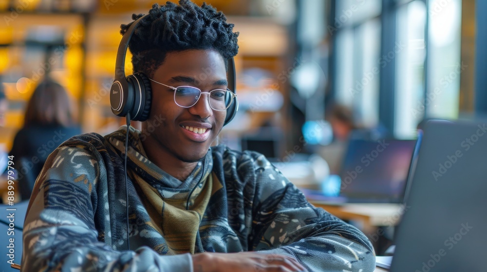A student attending an online lecture, with a headset on and a notepad ready for taking notes A student attending an online lecture, with a headset on and a notepad ready for taking notes