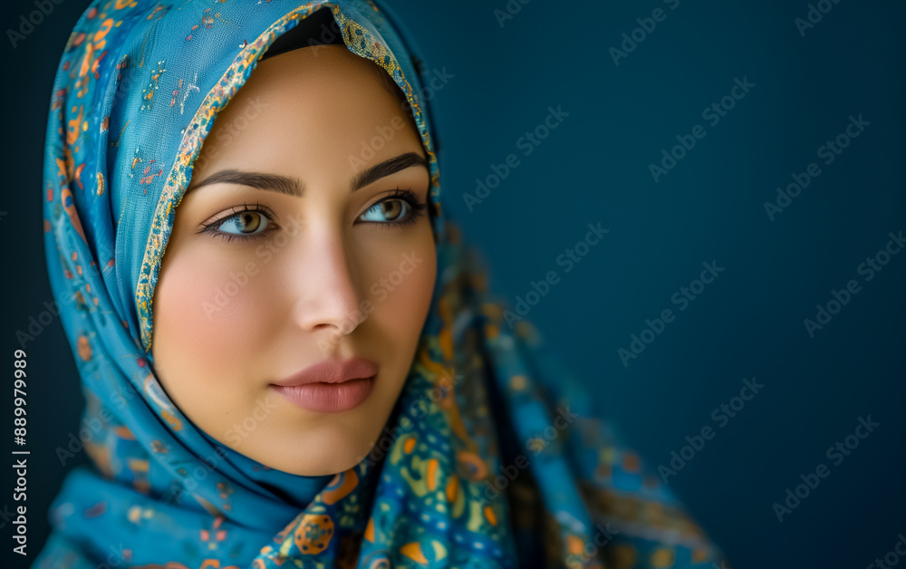 Cheerful Muslim woman wearing hijab on dark blue background. Cheerful Muslim woman wearing hijab on dark blue background.