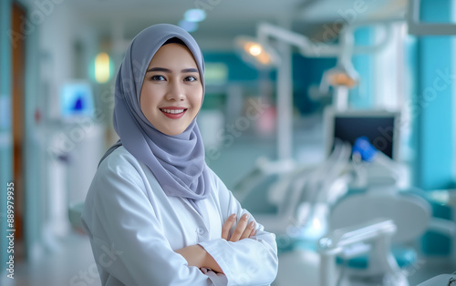 Happy Muslim female dentist standing with her arms crossed in her office.
