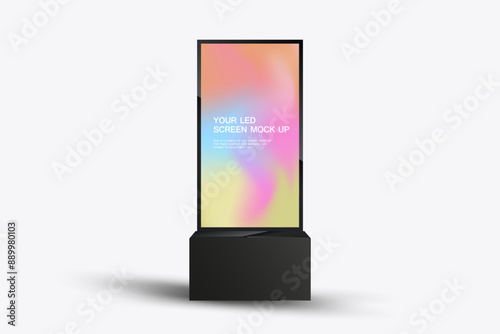 A LED Screen Mockup in 3Ds of Realistic screen light box. LED screen mock-up on collorful with a sleek, black frame on white background