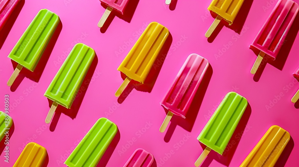 A colorful array of popsicles on a pink background. A colorful array of popsicles on a pink background.