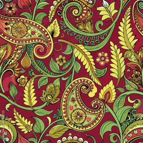 seamless pattern of paisley motifs intertwined with vines and leaves, Generative AI