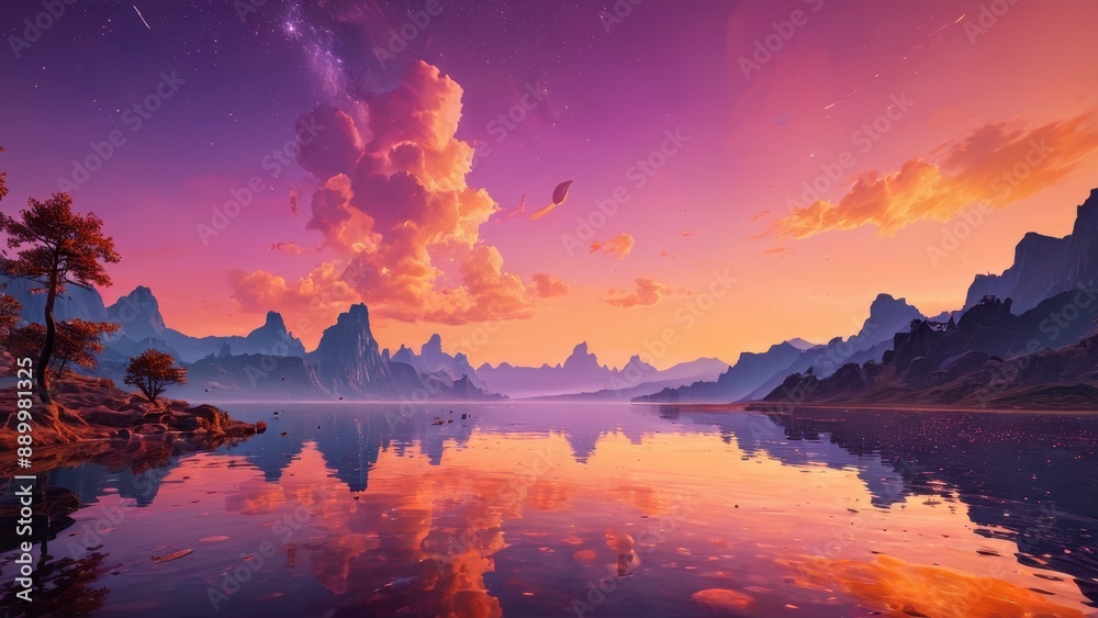Fototapeta premium Pink Sunset Over Mountain Lake.