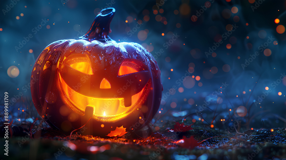 Naklejka premium Closeup of cute funny laughing jack o lantern, illuminated by the moon light.