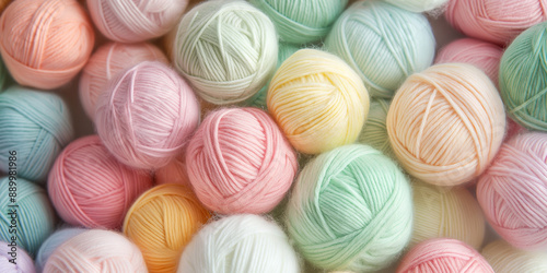 A pile of soft pastel-colored yarn balls, arranged in an aesthetically pleasing pattern, perfect for knitting and crocheting projects