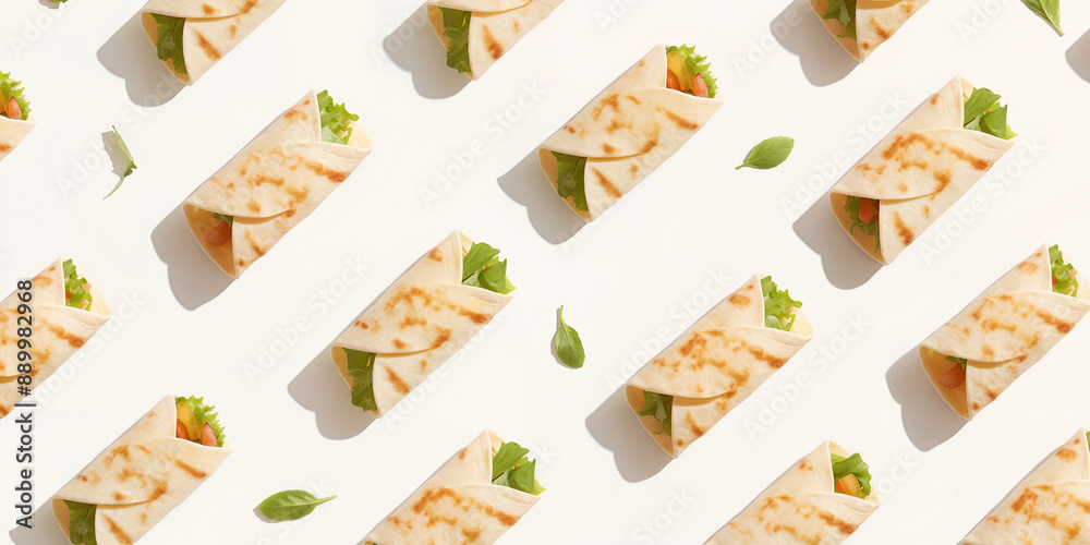 Fototapeta premium A background of burritos, each with its shadow, scattered across the canvas in an elegant display, with soft shadows on a white background