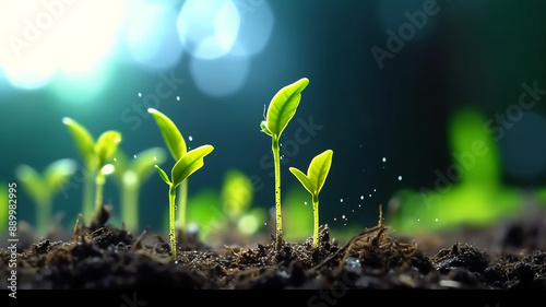 green sprouts in dark soil against a blurred background symbolizing the concept of growth , Generative AI.