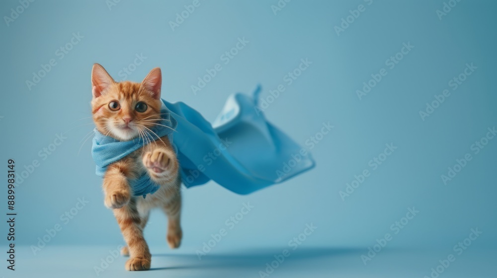 Fototapeta premium Superhero cat concept, Cute orange tabby kitty with a blue cloak and mask jumping and flying on light blue background with copy space. The concept of a superhero, super cat, leader.