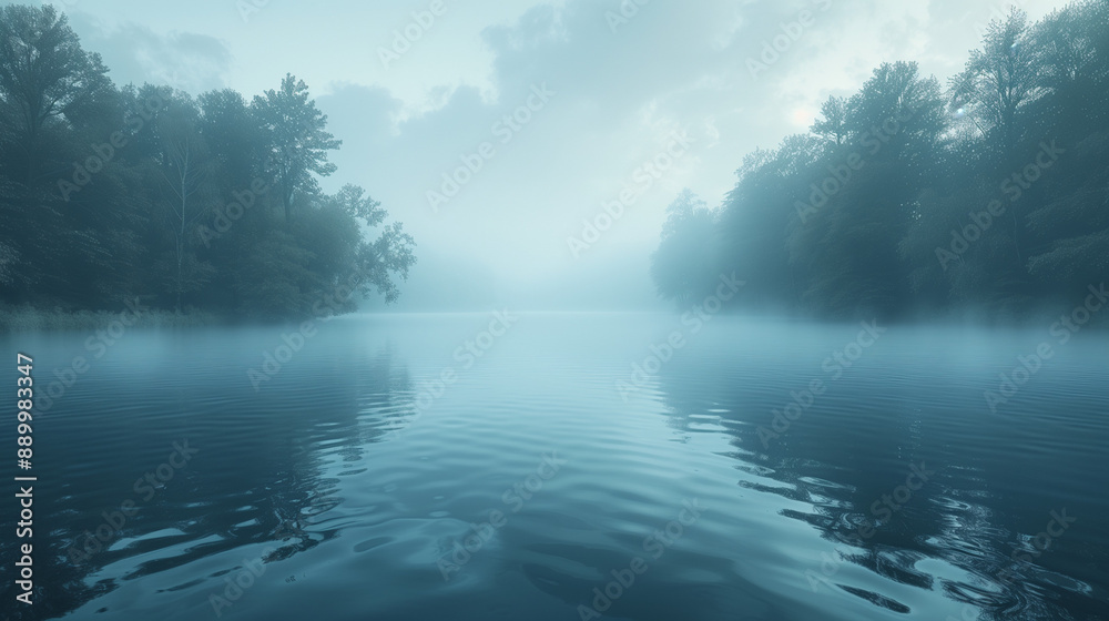 Serene Morning: Thick White Mist Swirls Over a Calm Lake Serene Morning: Thick White Mist Swirls Over a Calm Lake