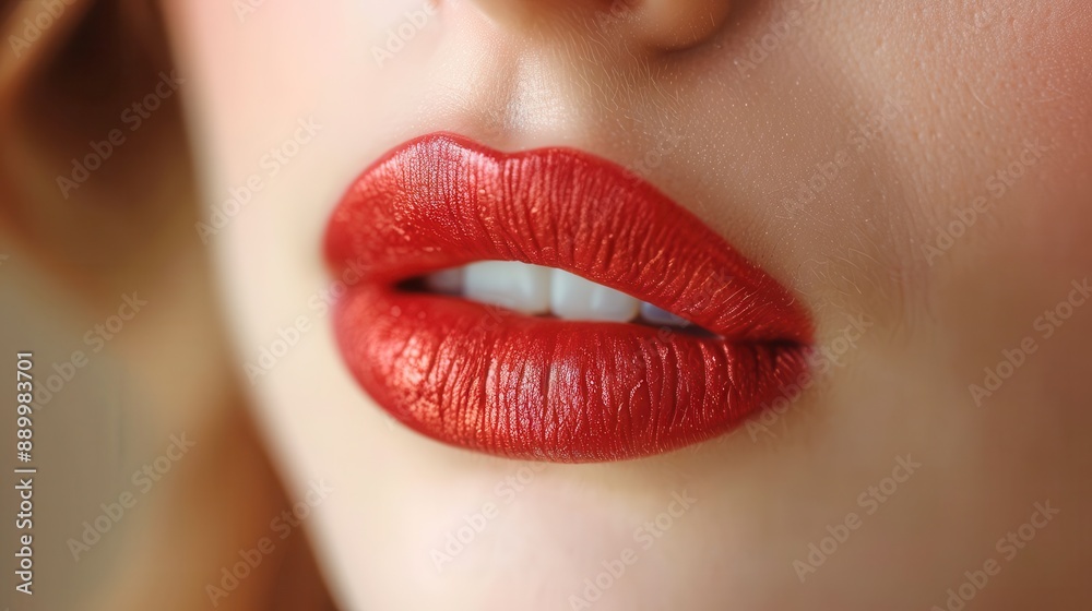 Fototapeta premium Close-up of vibrant red lips with a soft focus, highlighting the texture and color of the lipstick. Perfect for beauty and makeup themed projects.