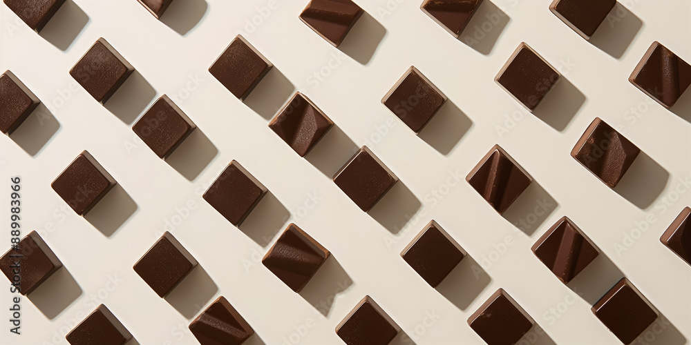 A background of chocolate bars, each with its shadow, scattered across the canvas in an elegant display, with soft shadows on a white background
