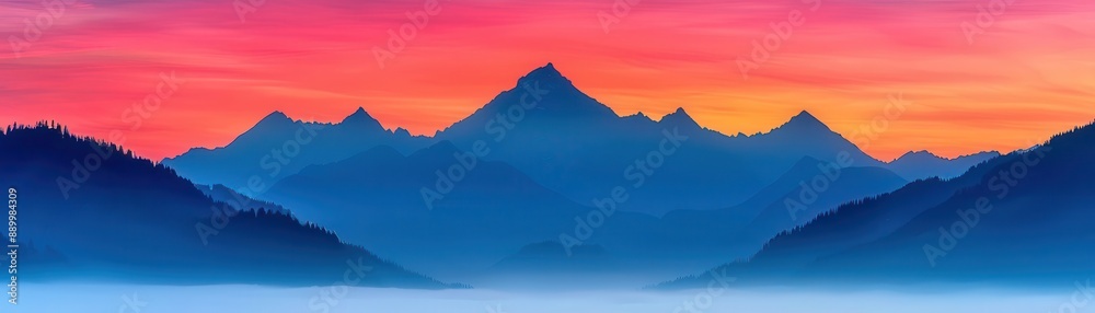 Stunning multicolored sunset over mountain range, with dreamy mist covering the valleys. A perfect display of nature's beauty and serenity.