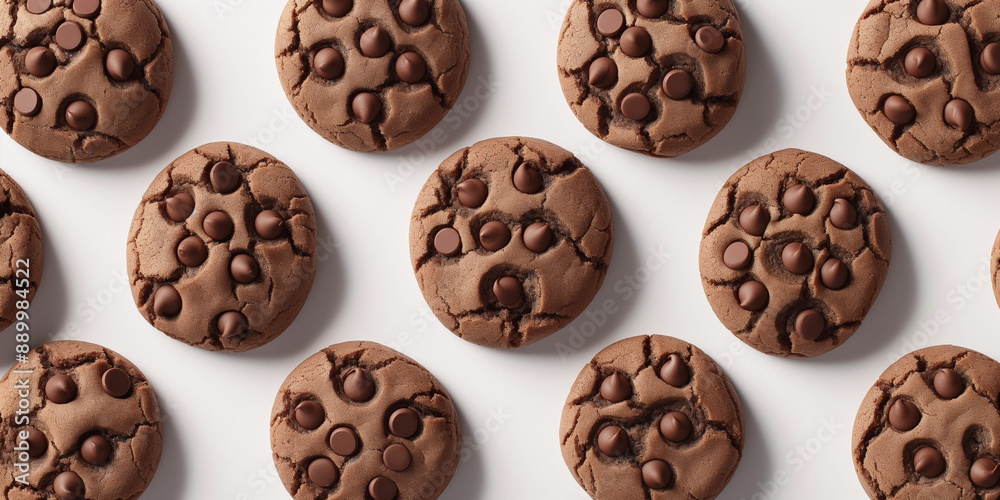 A background of chocolate cookies, each with its shadow, scattered across the canvas in an elegant display, with soft shadows on a white background A background of chocolate cookies, each with its shadow, scattered across the canvas in an elegant display, with soft shadows on a white background