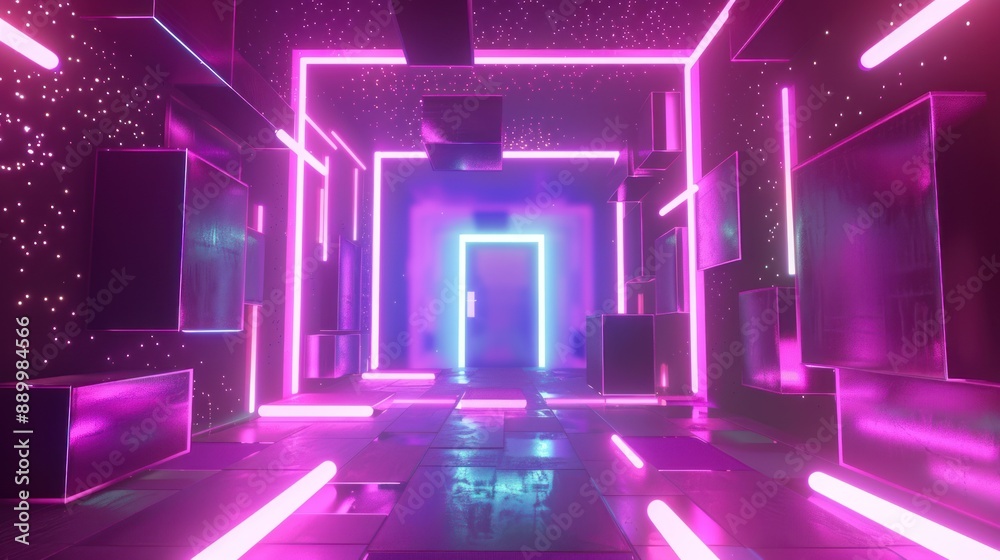 Neon Glow Corridor with Geometric Shapes Neon Glow Corridor with Geometric Shapes