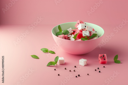 Still life photo featuring watermelon cubes, feta cheese, mint leaves, balsamic glaze, and black pepper with a clean, minimal soft color palette. Clean composition. Copy space. 