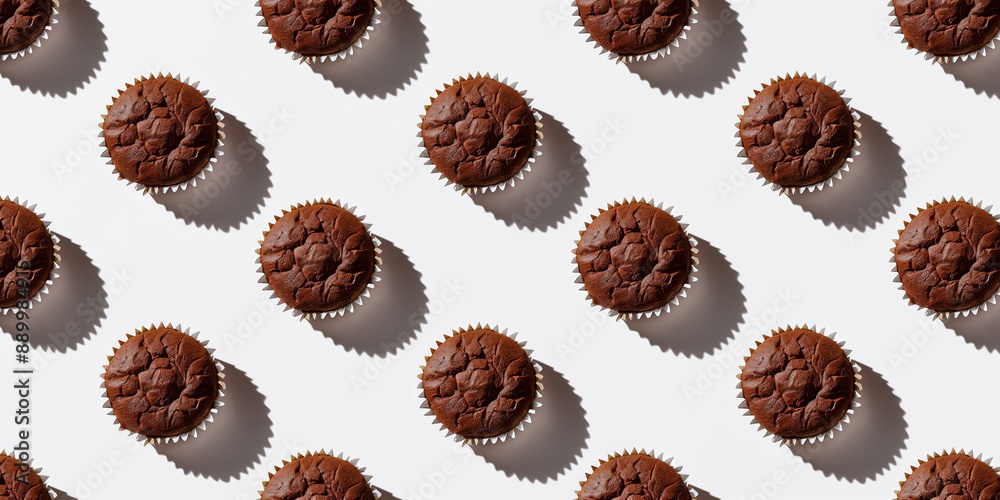 A background of chocolate soufflé, each with its shadow, scattered across the canvas in an elegant display, with soft shadows on a white background A background of chocolate soufflé, each with its shadow, scattered across the canvas in an elegant display, with soft shadows on a white background