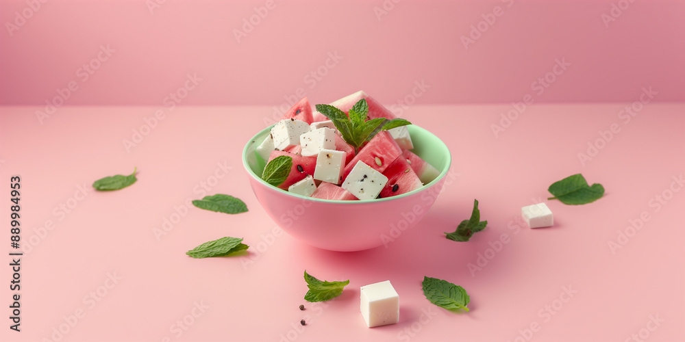 Still life photo featuring watermelon cubes, feta cheese, mint leaves, balsamic glaze, and black pepper with a clean, minimal soft color palette. Clean composition. Copy space.
Still life photo featuring watermelon cubes, feta cheese, mint leaves, balsamic glaze, and black pepper with a clean, minimal soft color palette. Clean composition. Copy space.