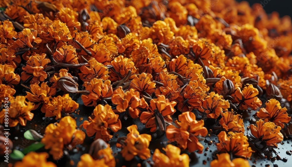 Orange Flowers on Dark Surface. Orange Flowers on Dark Surface.