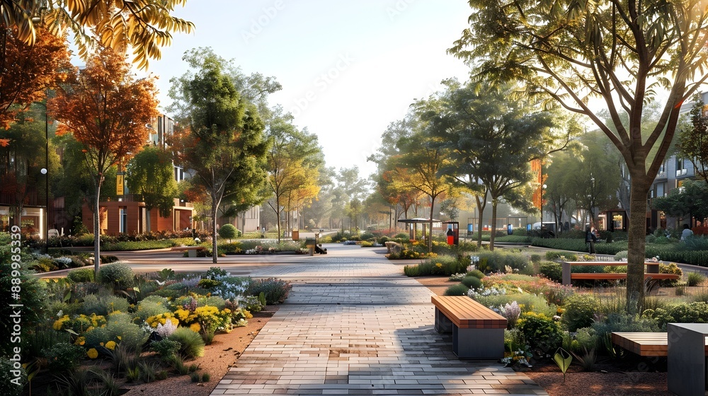 Fototapeta premium Vibrant Public Park with Lush Greenery and Brick Pathways for Community Engagement