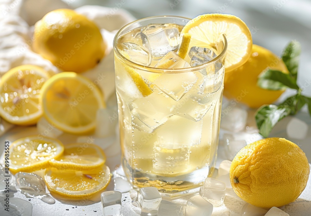 A refreshing glass of lemonade with ice cubes and lemon slices A refreshing glass of lemonade with ice cubes and lemon slices