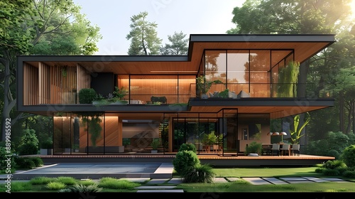 Sleek Modern House Nestled in Lush Forest with Detailed Blueprint Overlay