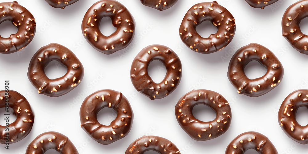 A background of chocolate-dipped pretzels, each with its shadow, scattered across the canvas in an elegant display, with soft shadows on a white background A background of chocolate-dipped pretzels, each with its shadow, scattered across the canvas in an elegant display, with soft shadows on a white background