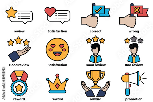 Set of icons in line style in the concept About the business and reviews