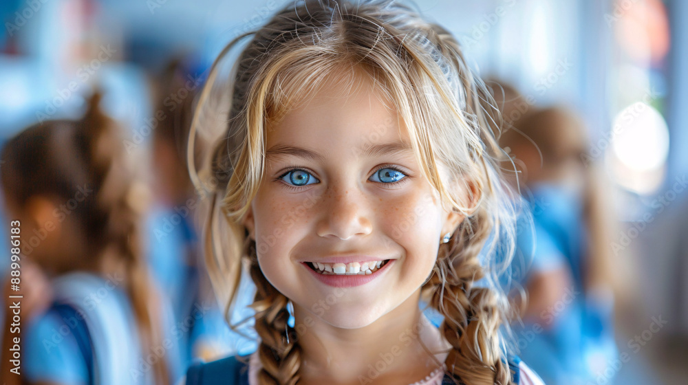 A joyful little girl in her school uniform smiles on her first day of school, radiating happiness and enthusiasm.