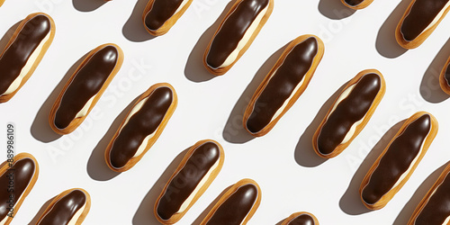 éclairs, each with its shadow, scattered across the canvas in an elegant display, with soft shadows on a white background