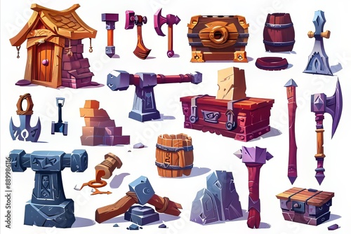 A collection of digital assets including weapons tools and other items commonly found in fantasy roleplaying games