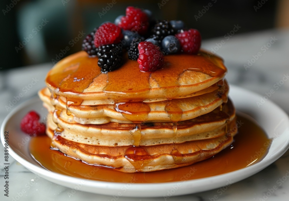 A stack of fluffy pancakes drizzled with maple syrup and topped with fresh berries A stack of fluffy pancakes drizzled with maple syrup and topped with fresh berries
