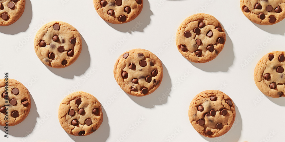 A background of cookies, each with its shadow, scattered across the canvas in an elegant display, with soft shadows on a white background A background of cookies, each with its shadow, scattered across the canvas in an elegant display, with soft shadows on a white background