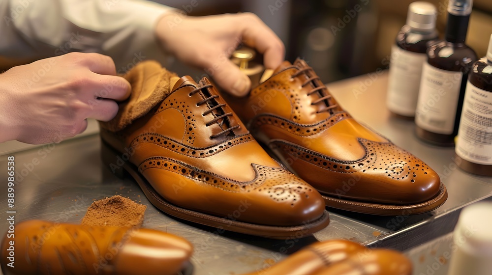 Polishing Shoes: Hands polishing a pair of leather shoes with a cloth and shoe polish, with shoe care products on the side.
