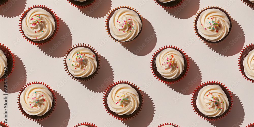 A background of cupcakes, each with its shadow, scattered across the canvas in an elegant display, with soft shadows on a white background A background of cupcakes, each with its shadow, scattered across the canvas in an elegant display, with soft shadows on a white background