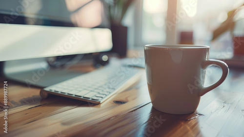 Coffee Cup on Office Table Next to Computer Screen Display