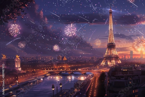 Eiffel tower and fireworks illustration for paris 2024 summer olympics celebration