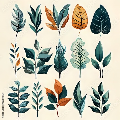 A diverse collection of handdrawn leaves with intricate details and vibrant colors