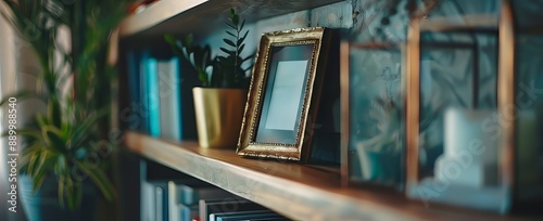 Ornate gold frame on wooden shelf with books and potted plants photo