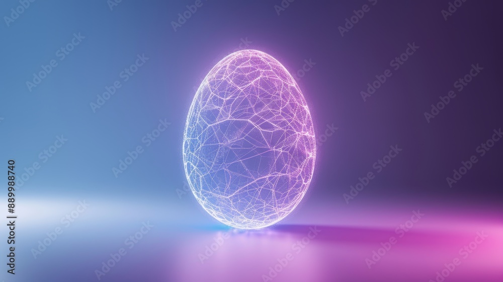 Abstract atomic egg composed of interlocking atomic particles, glowing with an inner light, set against a gradient background of blues and purples Abstract atomic egg composed of interlocking atomic particles, glowing with an inner light, set against a gradient background of blues and purples