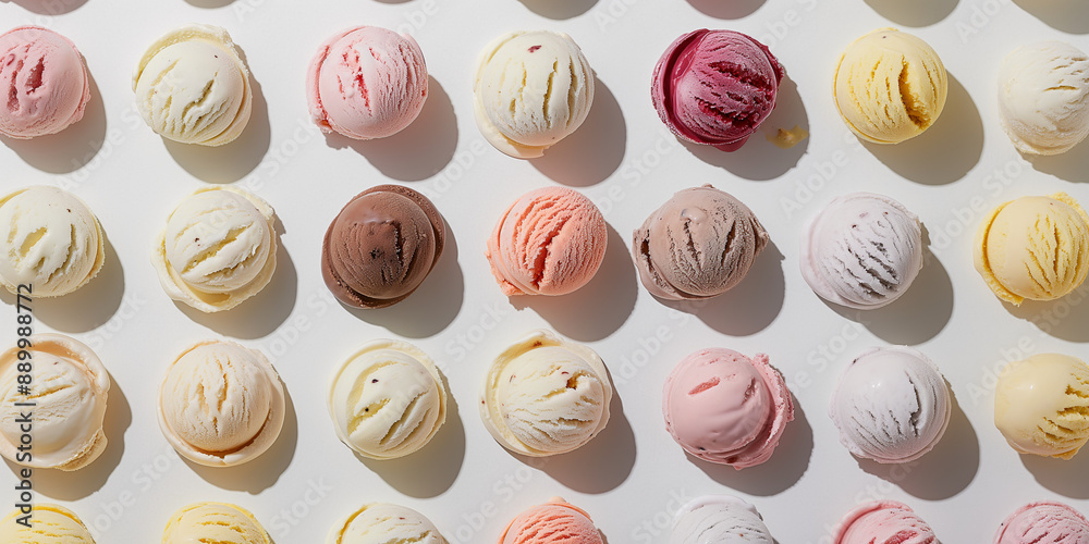 A background of ice cream scoops, each with its shadow, scattered across the canvas in an elegant display, with soft shadows on a white background A background of ice cream scoops, each with its shadow, scattered across the canvas in an elegant display, with soft shadows on a white background