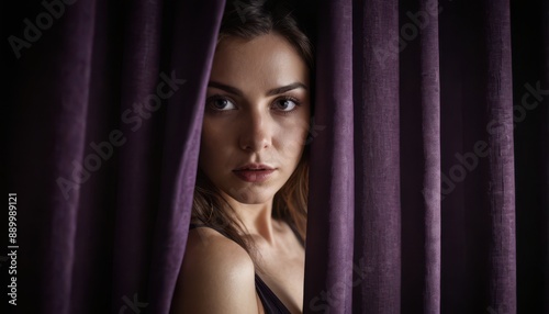Woman Peeking Through Purple Curtains.